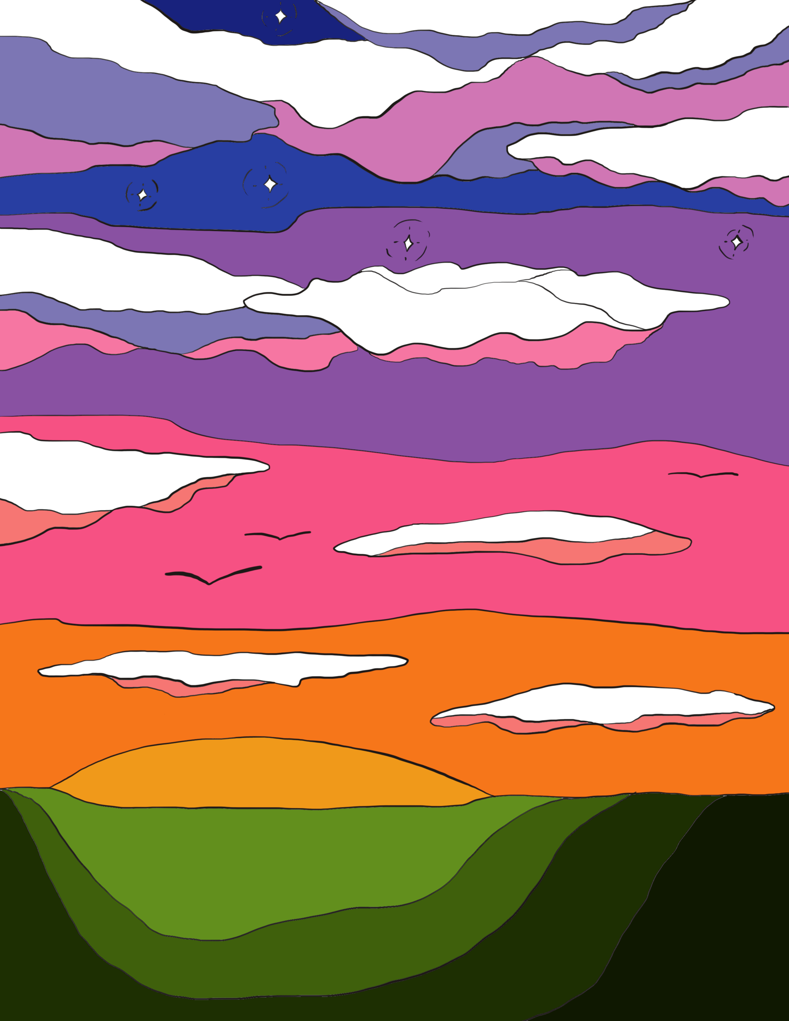 Illustration of sunset coloured in to represent funds raised