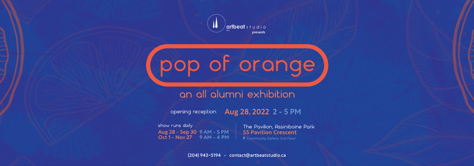 #popoforangeywg exhibit banner with Assiniboine Park Conservancy, Assiniboine Credit Union and Artbeat Studio from August 28 - November 27, 2022